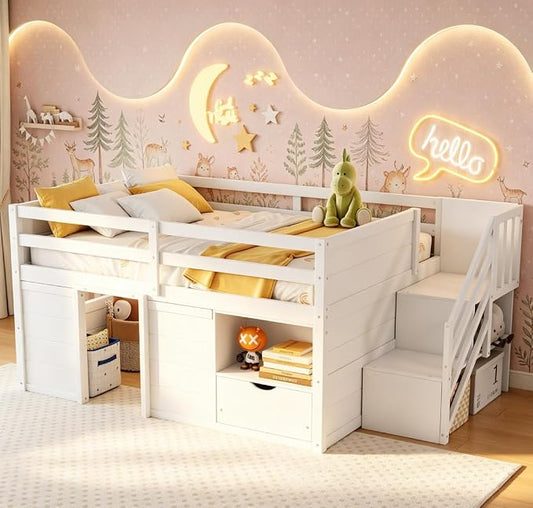 Bellemave Full Size Low loft Bed for Kids,Wood Loft Beds,Modern Farmhouse Full loft Bed,Loft Bed with Desk and Storage, No Box Spring Needed,for Kids, White and Natural