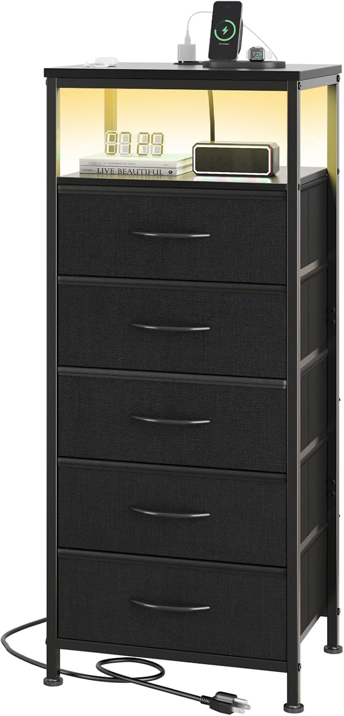 Sweetcrispy Nightstand with Charging Station, Dimmable LED Light Strip, 5 Fabric Storage Drawers, USB-C & AC Outlets, Sturdy Adjustable Feet, Modern Multifunctional Bedside Table, Black