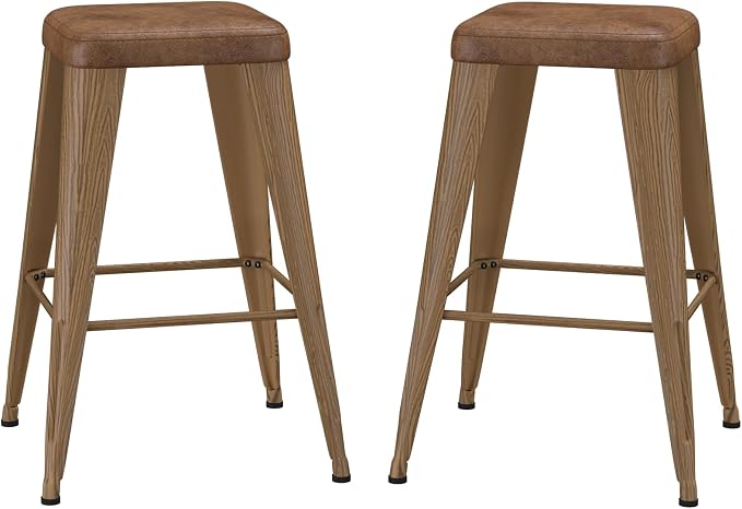 Bar Stools Set of 2, 24" Counter Height Bar Stools Backless, Upholstered Bar Stools with Metal Legs for Kitchen Island, Study Room, Cafe, Walnut