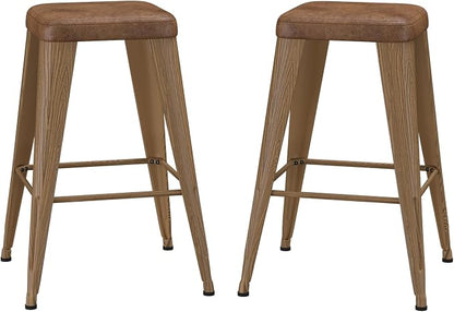 Bar Stools Set of 2, 24" Counter Height Bar Stools Backless, Upholstered Bar Stools with Metal Legs for Kitchen Island, Study Room, Cafe, Walnut
