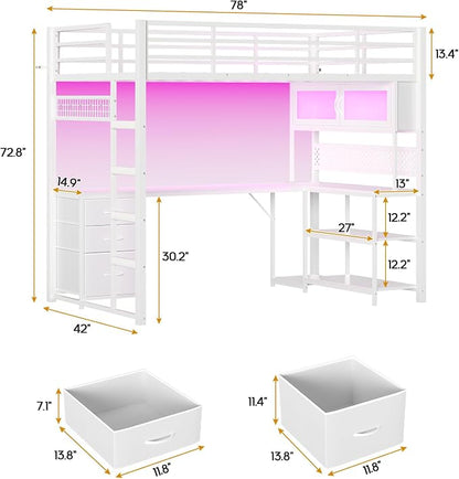 ADORNEVE Gaming Loft Bed Twin Size with L-Shaped Desk, Storage Drawers & RGB Arcylic Hutch, Expanded Safety Power Outlet, Metal LED Loft Bed Frame with Wide Ladder, for Teen Girls, White