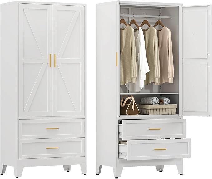 YAUWOH Farmhouse Wardrobe Cabinet with 2 Drawers,Metal Wardrobe Closet with Hanging Rod,Metal Armoire with Adjustable Shelves for Bedroom,Cloak Room,Office (White)