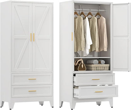 YAUWOH Farmhouse Wardrobe Cabinet with 2 Drawers,Metal Wardrobe Closet with Hanging Rod,Metal Armoire with Adjustable Shelves for Bedroom,Cloak Room,Office (White)