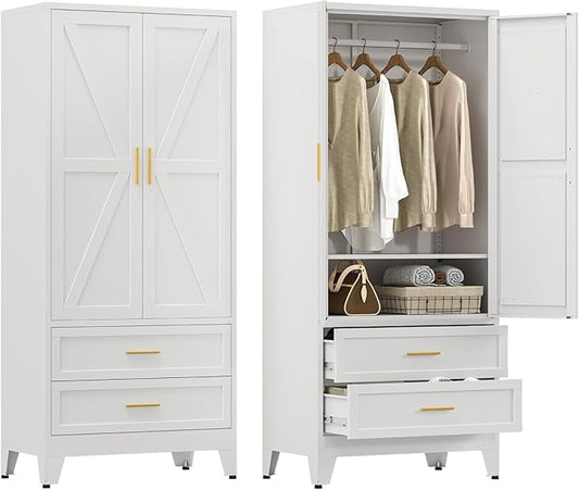 YAUWOH Farmhouse Wardrobe Cabinet with 2 Drawers,Metal Wardrobe Closet with Hanging Rod,Metal Armoire with Adjustable Shelves for Bedroom,Cloak Room,Office (White)