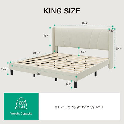 Novilla King Size Bed Frame, King Bed Frame with Headboard, Velvet Upholstered Wing Side Headboard, No Box Spring Needed, Heavy Duty Feet, Easy Assembly, White Velvet