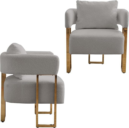 YISHENG Modern Barrel Accent Chairs Set of 2, Living Room Side Chairs with Golden Metal Legs Soft Teddy Upholstered Reading Armchairs no Wheels for Vanity/Reception Room//Bedroom/Lounge/Office, Grey