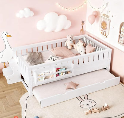 Bellemave Twin Size Kids Bed with high Rails and with Built-in Bookshelf and Trundle for Kids, Girls, Boys, Wood Montessori Bed Without Door, White