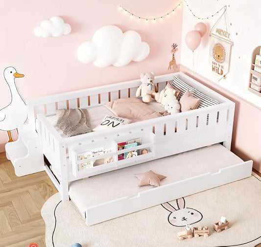 Bellemave Twin Size Kids Bed with high Rails and with Built-in Bookshelf and Trundle for Kids, Girls, Boys, Wood Montessori Bed Without Door, White