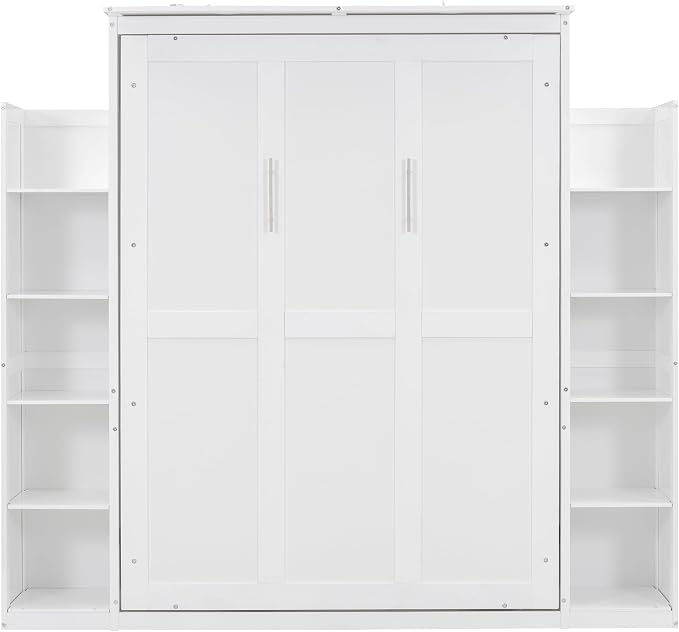 Ball & Cast Full Size Murphy Bed Wall Bed with Shelves and LED Lights,can be Folded,Hideaway Cabinet Frame W/ 2 Five-Layer Cabinets,Slat Support,No Box Spring Needed,for Apartment,Bedroom,White