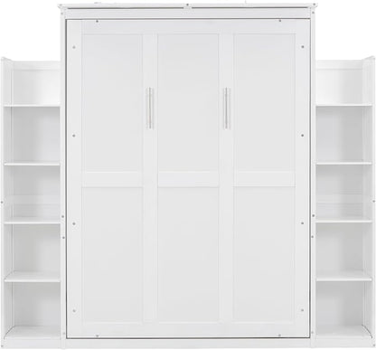 Ball & Cast Full Size Murphy Bed Wall Bed with Shelves and LED Lights,can be Folded,Hideaway Cabinet Frame W/ 2 Five-Layer Cabinets,Slat Support,No Box Spring Needed,for Apartment,Bedroom,White