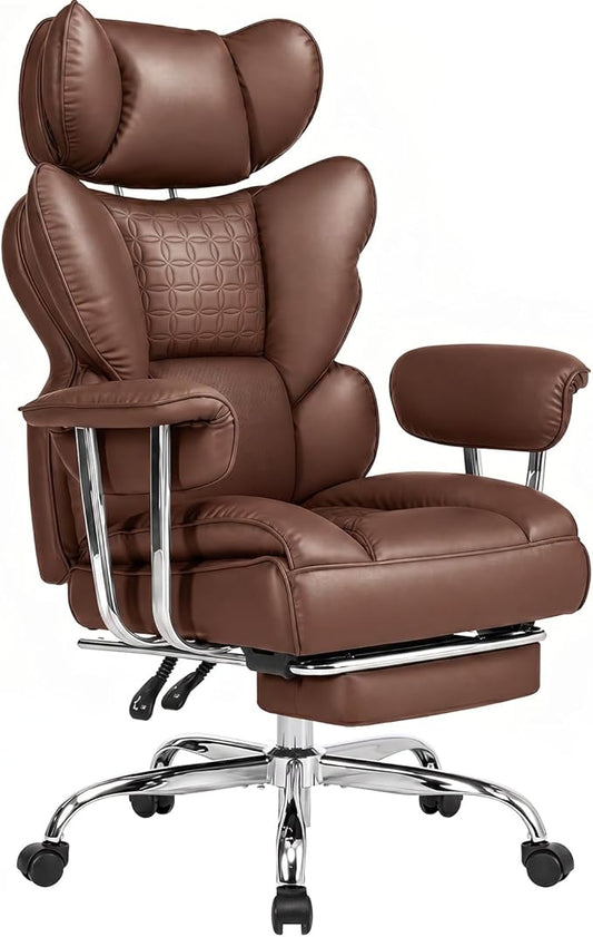DUMOS Big and Tall Office Chair 400 LBS, Scratch-Resistant PU Leather Executive Office Desk Chair with Footrest, Ergonomic Reclining Computer Chairs with Pocket Spring Support, Brown
