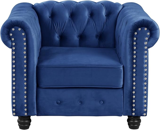 Morden Fort Classic Chesterfield Sofa Chair Set, Tufted Arm Chair Sofa with Solid Wood Legs Thick Cushion, Pet-Friendly Sofa Couch Chair for Living Room Bedroom Reading Room - Velvet Blue