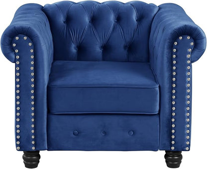 Morden Fort Classic Chesterfield Sofa Chair Set, Tufted Arm Chair Sofa with Solid Wood Legs Thick Cushion, Pet-Friendly Sofa Couch Chair for Living Room Bedroom Reading Room - Velvet Blue