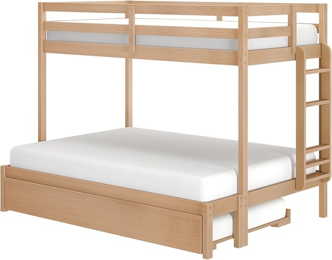 Grain & Grove Bear Twin Over Full Bunk Bed with Trundle Bed, Sturdy Bunk Bed Frame for Kids, Plywood Bunk with Ladder, Guardrail, and Slats, No Box Spring Required, Oak Embossed Natural
