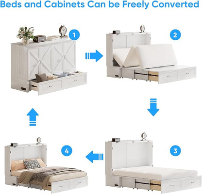PUREMIND Queen Murphy Bed Cabinet, Bedroom Cabinet Beds with USB Charging Station, Murphy Chest Bed with Storage Drawers, Horizontal Wallbed for Guest Room White