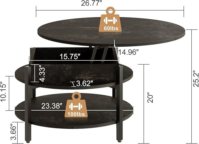 FABATO Round Lift Top Coffee Table with Storage and Hidden Compartment, 26.77'' Farmhouse Coffee Table for Living Room Reception Room, 2 Tier Small Round Coffee Table Circle Dining Table, Black Oak | Lift Top