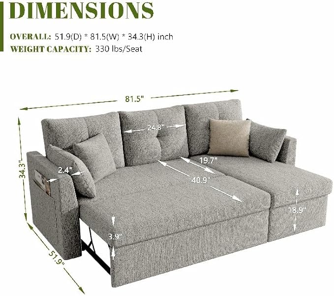 Huatean Home Sleeper Sofa Couch, 2 in 1 Sectional Sleeper Couch Bed with Side Pocket, Pullout Sofa Bed with Storage Chaise for Living Room, Light Grey