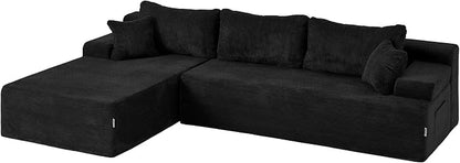 Hobestluk Modular Sectional Sofa Couches L-Shape Couch 3 Seat Modular Sofa Memory Foam Sectional Couches for Living Room, Cloud Couch with Oversized Chaise (Black Corduroy, 108", Left Hand Facing)