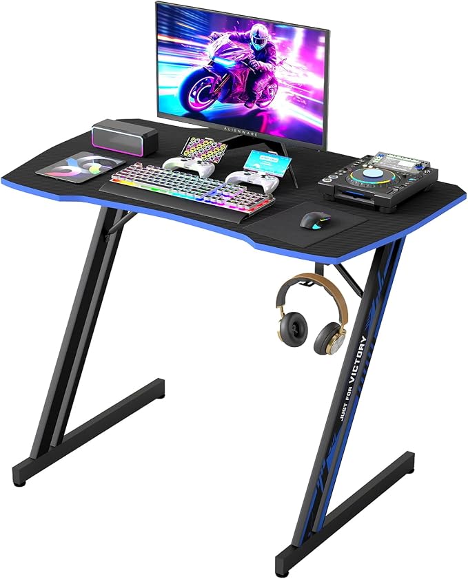 BestOffice Gaming Desk 35 in PC Computer Desk Z Shaped Gaming Workstation Ergonomic Gaming Table with Headphone Hook for Home Office,Black&Blue