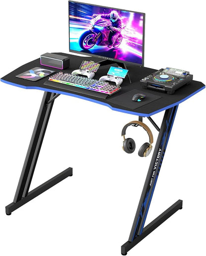 BestOffice Gaming Desk 35 in PC Computer Desk Z Shaped Gaming Workstation Ergonomic Gaming Table with Headphone Hook for Home Office,Black&Blue