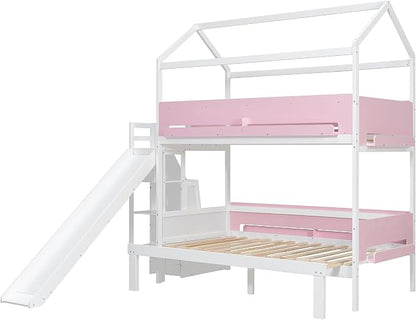 Harper & Bright Designs House Bunk Bed with Slide and Bookshelf, Twin Over Full Bunk Bed with Trundle and Stairs for Kids Teens Juniors, Space Saving, No Box Spring Needed, White+Pink