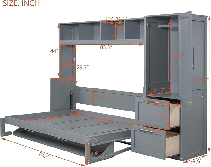 Virubi Full Murphy Bed with Wardrobe Closet,2 Drawer,4 Storage Open Shelves,Wood Folding Murphy Wall Bed Cabinet with Storage, Easy Assembly (Grey,Queen)