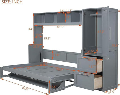 Virubi Full Murphy Bed with Wardrobe Closet,2 Drawer,4 Storage Open Shelves,Wood Folding Murphy Wall Bed Cabinet with Storage, Easy Assembly (Grey,Queen)