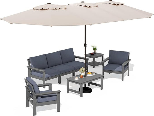 SERWALL HDPE Patio Furniture Set with 15FT Patio Umbrella, 7-piece Outdoor Sectional Sofa Set, All Weather Patio Couch Set for Deck, Gray &Gray (Umbreall Base not Included)