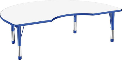 FDP Dry-Erase Kidney Activity School and Classroom Kids Table (48 x 72 inch), Chunky Toddler Legs for Collaborative Spaces, Adjustable Height 15-24 inches - Whiteboard Top, Blue Edge and Blue Legs