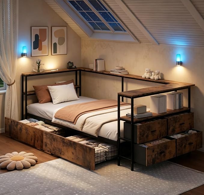 Bellemave Twin Corner Bed Frame with Desk and Storage, Twin Size Corner beds with Charging Station and LED Light, Wood Daybeds with L-Shaped Bookcase and Drawers, Black+Brown