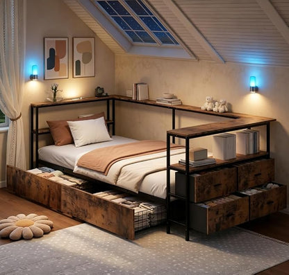 Bellemave Twin Corner Bed Frame with Desk and Storage, Twin Size Corner beds with Charging Station and LED Light, Wood Daybeds with L-Shaped Bookcase and Drawers, Black+Brown