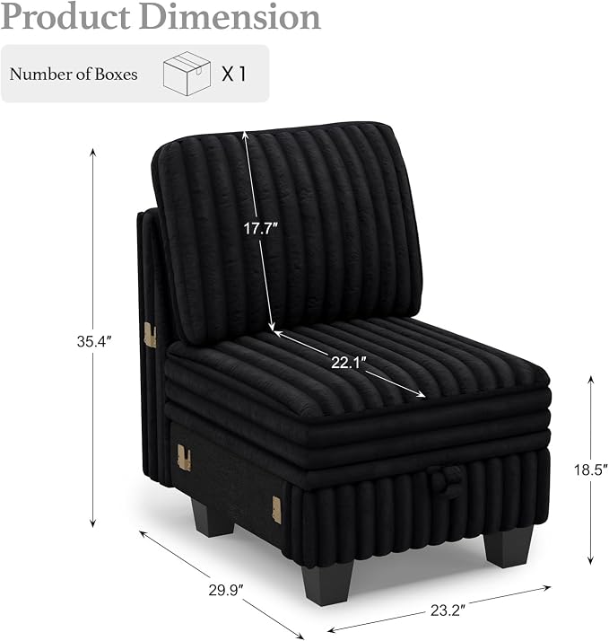 Belffin Plush Corduroy Single Module with Storage for Modular Sectional Sofa Black Couch