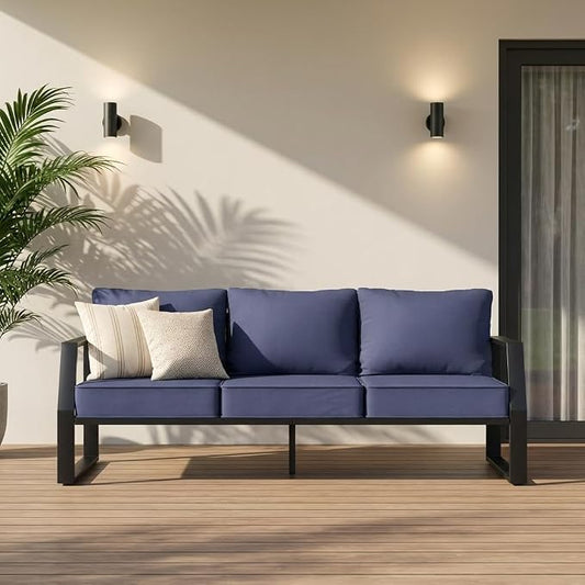 Oversized Outdoor Modern Patio Sofa for 3, 5" Thick Cushions, Deep Seat & Wide Armrests, Comfortable Aluminum All-Weather Rustproof UV-Resistant Frame for Garden, Backyard, Porch