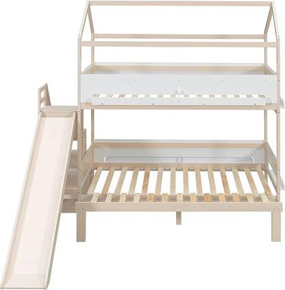 Harper & Bright Designs House Bunk Bed with Trundle and Bookshelf, Twin Over Full Bunk Bed with Slide and Stairs for Kids Teens Adults, Space Saving, No Box Spring Needed, Beige+White