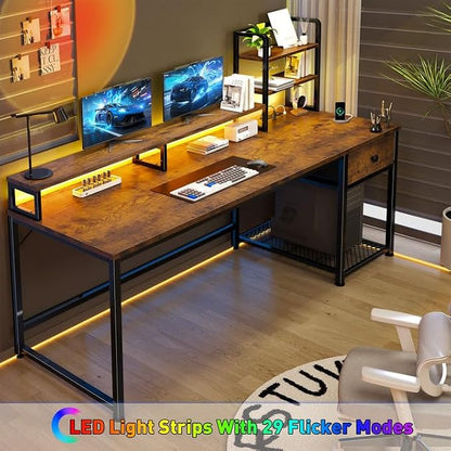 EnHomee 55" Reversible Computer Desk, Hutch, USB & LED, Rustic Brown | Fits 2 Monitors on Stand; Drawer & 3 Shelves; 60,000 Colors Music Sync RGB; 3 AC Ports & Type-C; Steel Frame; Easy Build