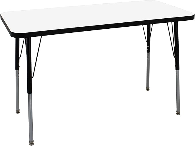 FDP Dry-Erase Rectangle Activity School and Office Table (24 x 48 inch), Standard Legs with Swivel Glides, Adjustable Height 19-30 inches; Quick Ship Single Box - Whiteboard Top and Black Edge