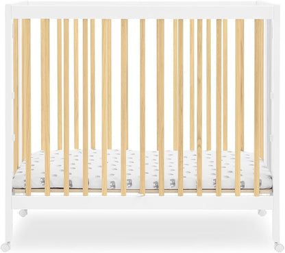 Delta Children Mia Portable Folding Mini Crib with 1.5-Inch Mattress - Greenguard Gold Certified, Bianca White/Natural