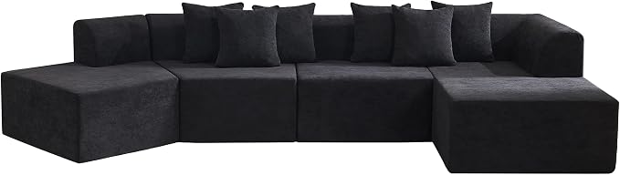 140''Oversized Cloud Velvet Curved Sectional Couch, Boneless Couch with L-Shape Chaise, Upholstered Compression Memory Foam Modular Sectional Sofa for Living Room, No Assembly Required, Black