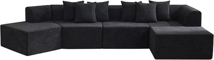 140''Oversized Cloud Velvet Curved Sectional Couch, Boneless Couch with L-Shape Chaise, Upholstered Compression Memory Foam Modular Sectional Sofa for Living Room, No Assembly Required, Black