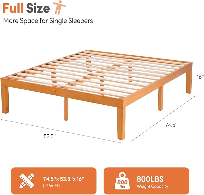 Sweetcrispy Full Size Bed Frame 16 inch Heavy Duty Platform Bedframe, 1000 lbs Capacity, Underbed Storage, No Box Spring Needed, Wooden Slats, Easy Assembly with Velcro, Honey Finish