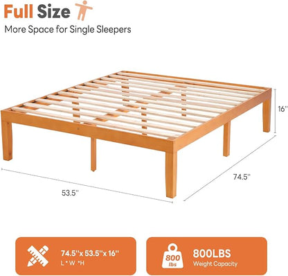 Sweetcrispy Full Size Bed Frame 16 inch Heavy Duty Platform Bedframe, 1000 lbs Capacity, Underbed Storage, No Box Spring Needed, Wooden Slats, Easy Assembly with Velcro, Honey Finish