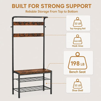 Simple Deluxe 4-in-1 Entryway Coat Rack, Hall Tree with Bench and Shoe Storage, Mudroom Bench with Storage and 10 Hooks Hall Tree Organizer for Entryway, Bedroom, Brown