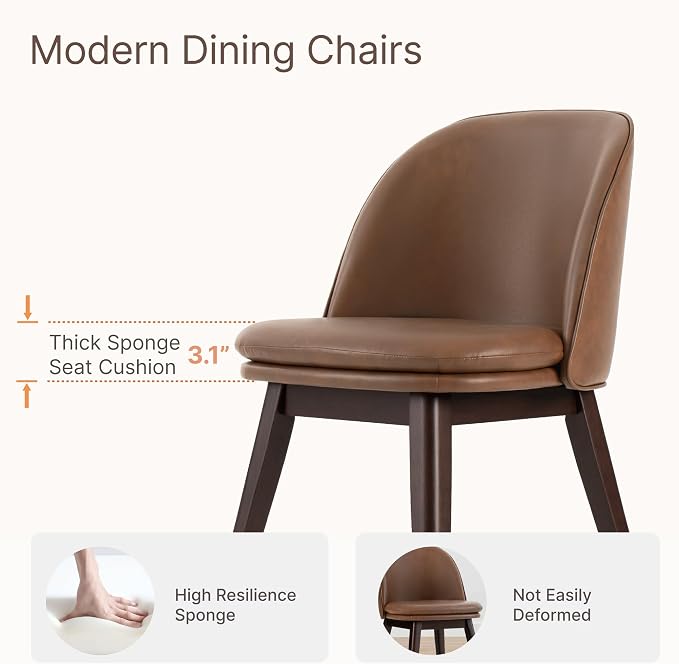 KISLOT Wooden Dining Chairs Set of 2, Faux Leather Upholstered Modern Dining Room Chairs with Double-Layer Thick Seat Cushion & Ergonomic Backrest for Restaurant, Kitchen and Café, Brown