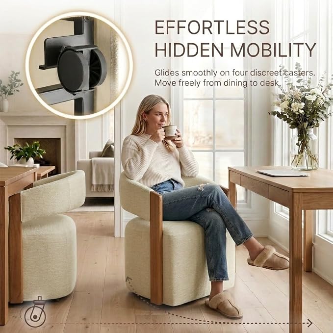 KISLOT Upholstered Dining Chairs Set of 4, Modern Wooden Arm Kitchen & Dining Room Chairs with Hidden Casters, Fabric Padded Rolling Chairs, Sturdy Wood Frame, 300 lbs Capacity, Sand