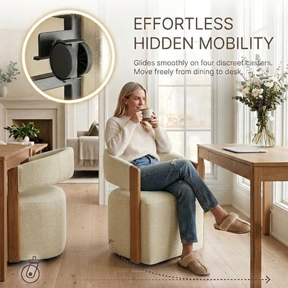 KISLOT Upholstered Dining Chairs Set of 4, Modern Wooden Arm Kitchen & Dining Room Chairs with Hidden Casters, Fabric Padded Rolling Chairs, Sturdy Wood Frame, 300 lbs Capacity, Sand