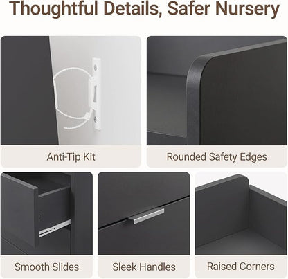 MAMAZING Keeva Pro 6-Drawer Baby Dresser with Changing Table, Easy Assembly | Black Wooden Nursery Dresser, Anti-Tip Design & Adjustable Feet, Dresser for Bedroom, Kids & Toddler Storage, 44" Wide