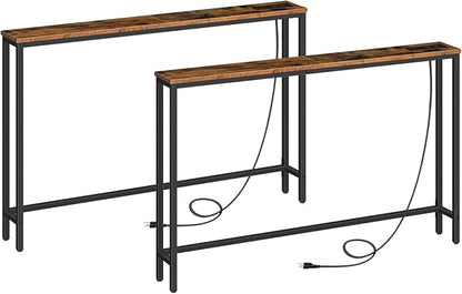 HOOBRO 2 Pack 5.9" Narrow Console Table with Power Outlets, 47.2" Behind Couch Table with Charging Station, Long Sofa Side Table, Skinny Entryway Table for Living Room, Rustic Brown BF15XGP201G1