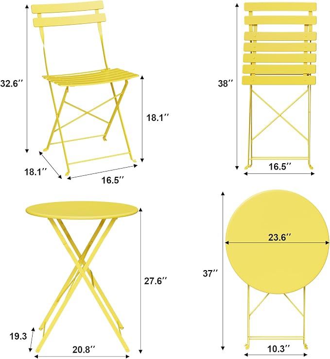 Bistro Table and Chairs Set of 2, 3 Piece Outdoor/Indoor Folding Patio Bistro Sets, 2 Chair Patio Furniture Set with Table, Premium Frame Foldable Coffee Tables for Balcony, Yard, Garden, Yellow