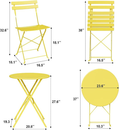 Bistro Table and Chairs Set of 2, 3 Piece Outdoor/Indoor Folding Patio Bistro Sets, 2 Chair Patio Furniture Set with Table, Premium Frame Foldable Coffee Tables for Balcony, Yard, Garden, Yellow