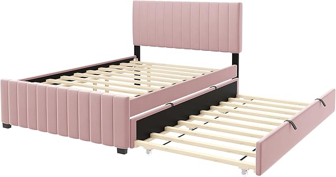Bellemave Full Bed Frame with Trundle Bed,Velvet Upholstered Platform Bed Frame,Full Size Trundle Bed with Headboard for Kids Teens Adults(Pink)